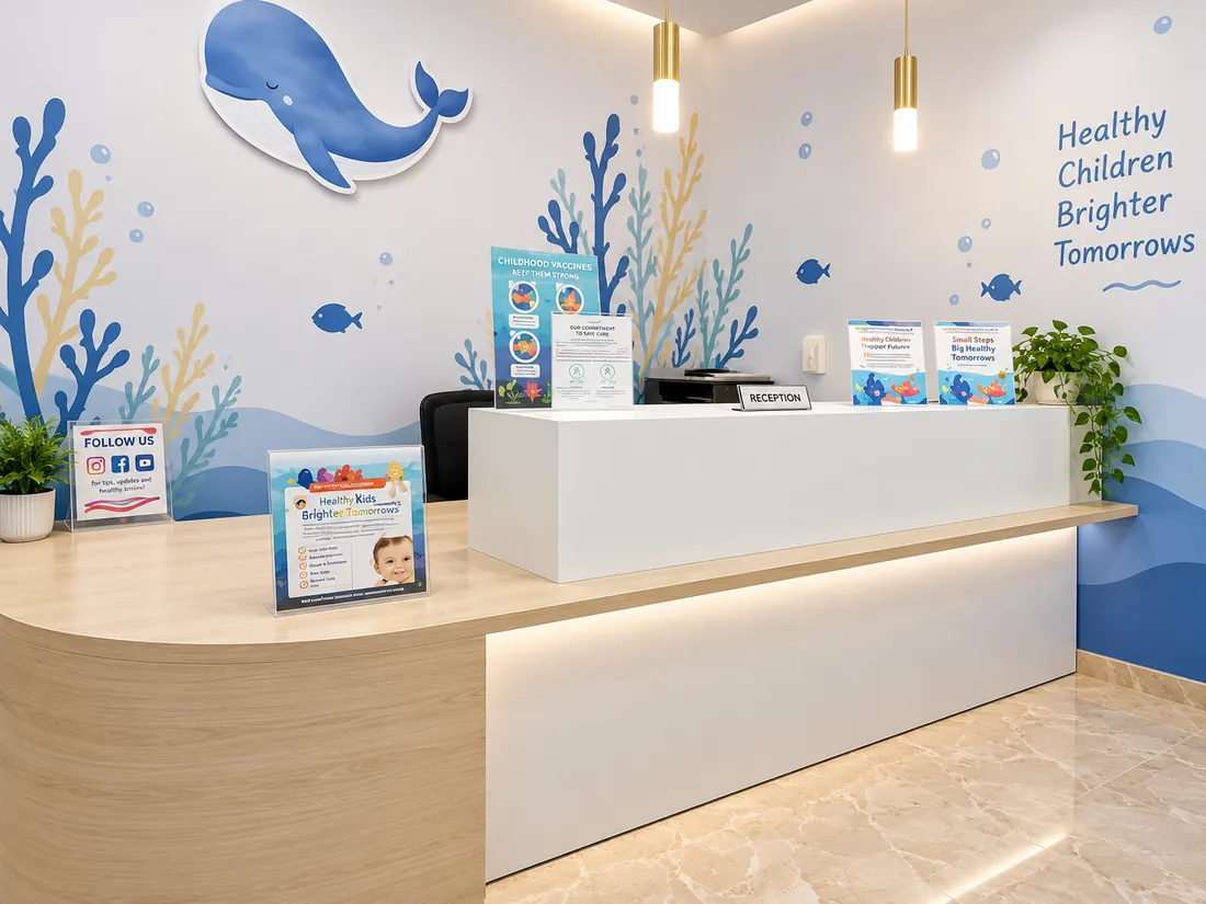Recepción del consultorio con el mural de la ballena