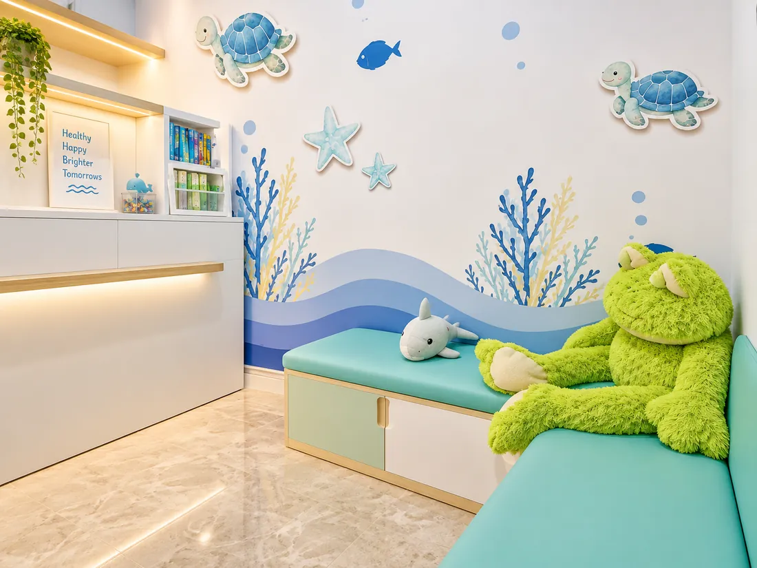 Sala de espera con la banca turquesa y la rana de peluche