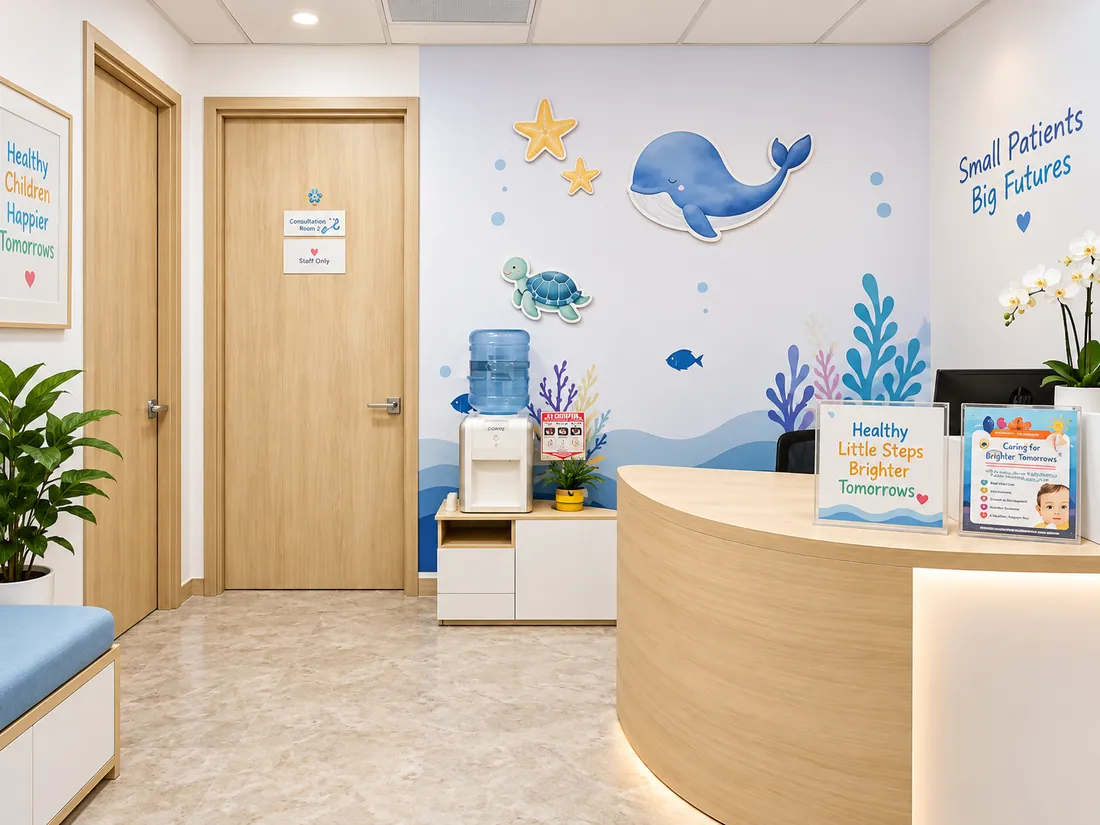 Mostrador de recepción y sala de espera del consultorio