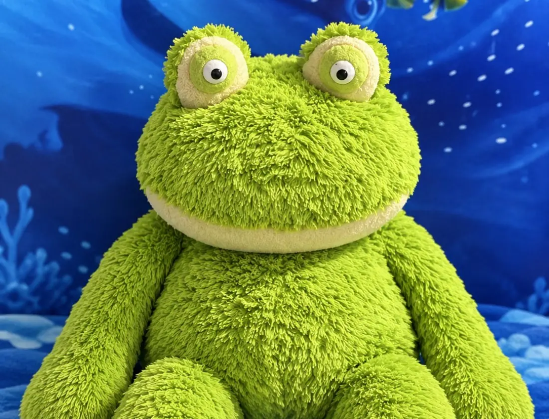Pepe, la rana de peluche que acompaña a los niños en el consultorio, sentada frente al mural del mar